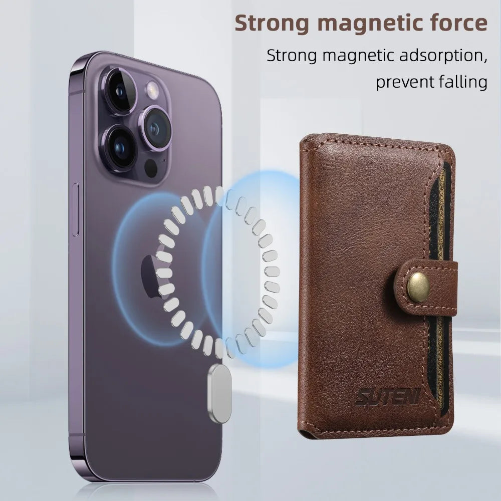 Brown leather MagSafe phone wallet with card pocket and magnetic snap closure