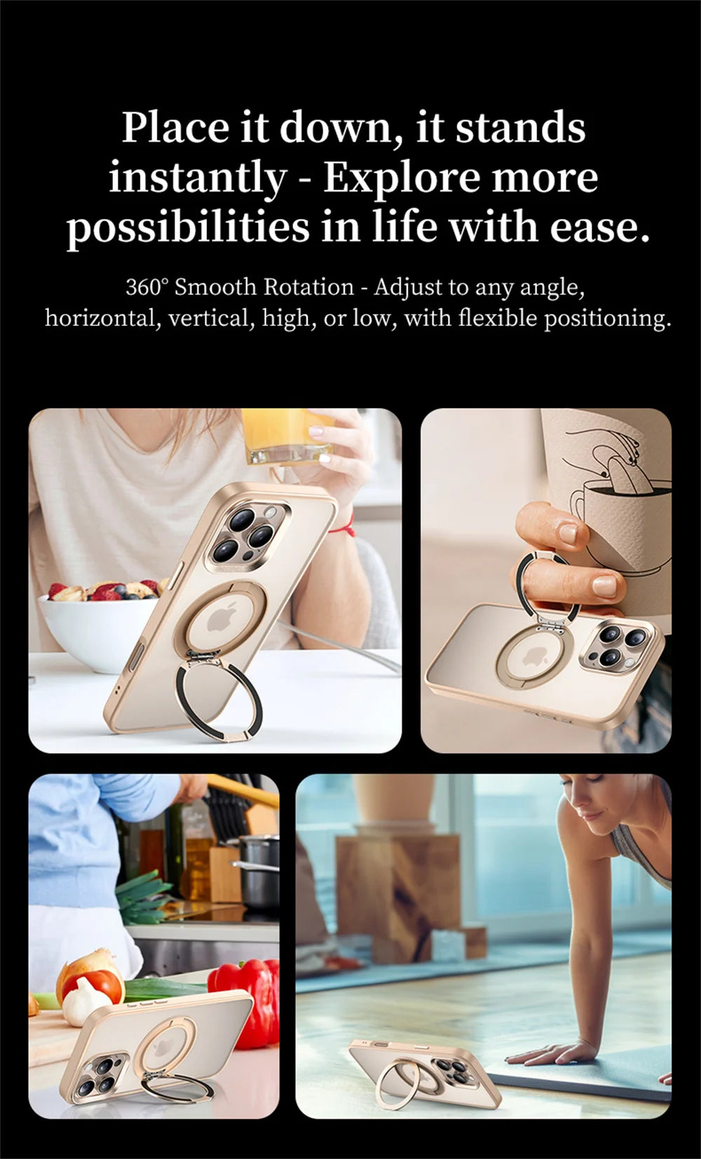 Champagne gold rotating MagSafe phone case with stand in multiple angles