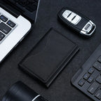 Black PU leather card holder wallet with stitched edges and card window