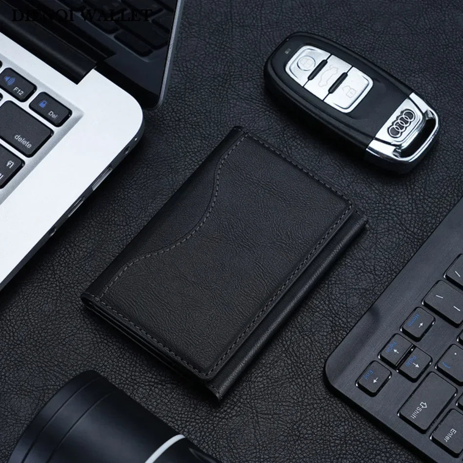 Black PU leather card holder wallet with stitched edges and card window