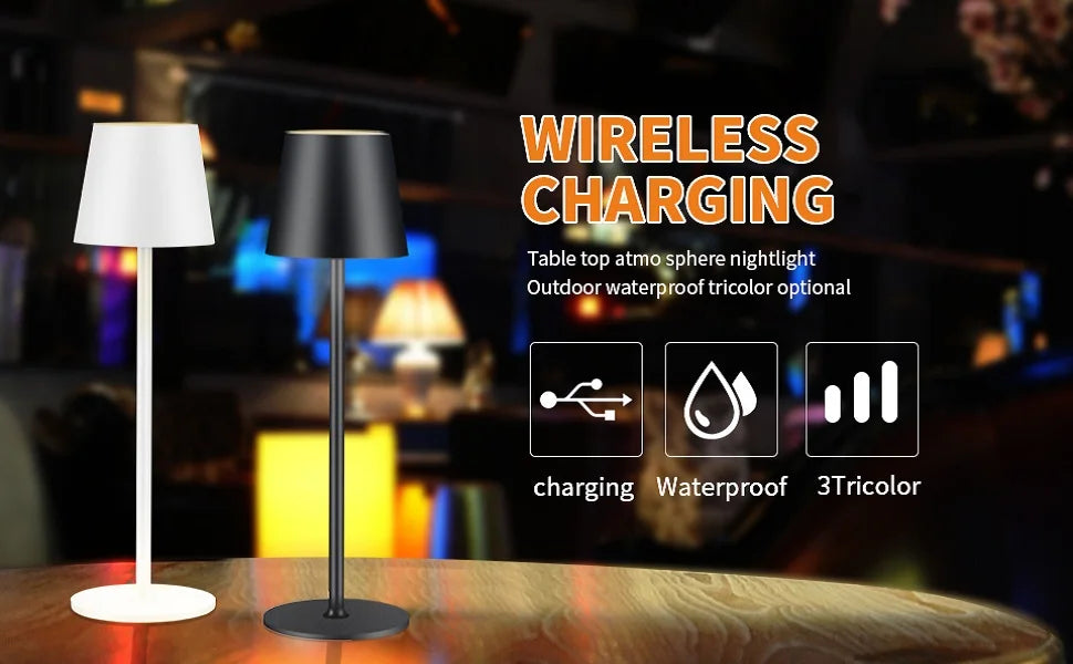 Wireless touch table lamp, white shade with tall silver pole and dark shade lamp beside