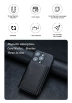 Black magnetic card wallet for phone with front card pocket and magnetic attachment