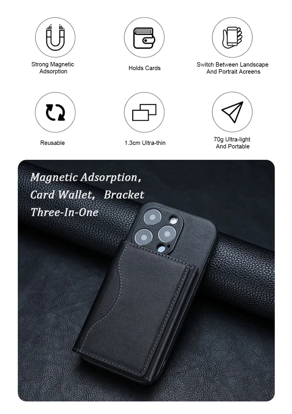 Black magnetic card wallet for phone with front card pocket and magnetic attachment