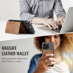 Slim leather wallet, brown leather, attached to phone case with card holder.