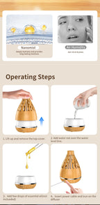 Ultrasonic aroma diffuser humidifier with white top and wood-grain body, drop-shaped.