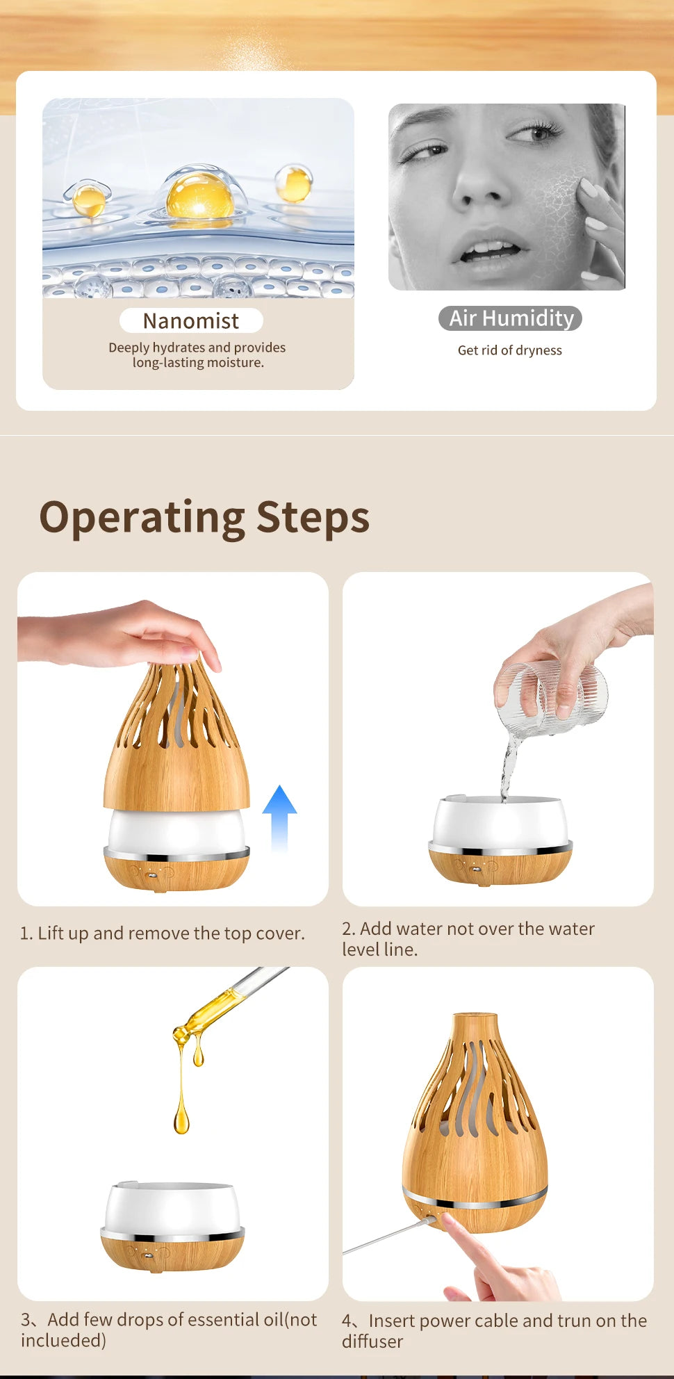 Ultrasonic aroma diffuser humidifier with white top and wood-grain body, drop-shaped.