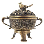 Copper lotus incense burner with bird finial and engraved round pot, side handles