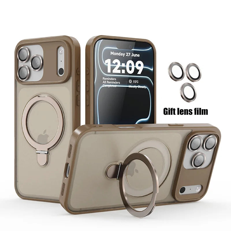 Matte MagSafe phone case with ring holder, beige finish, camera cutouts and raised edges