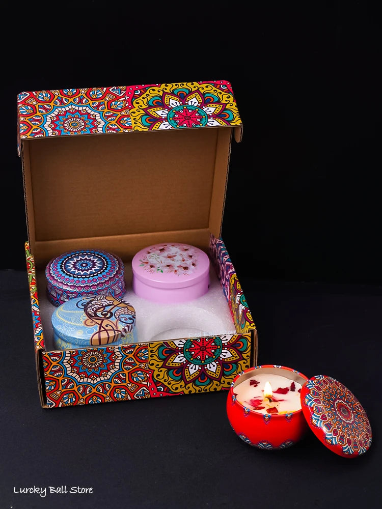 4-piece Arabian pattern scented candle gift set with four round candles in patterned box