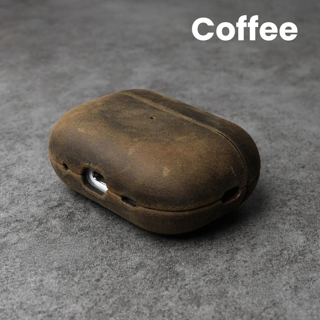 Coffee brown leather AirPods case with front cutouts and smooth rounded shell