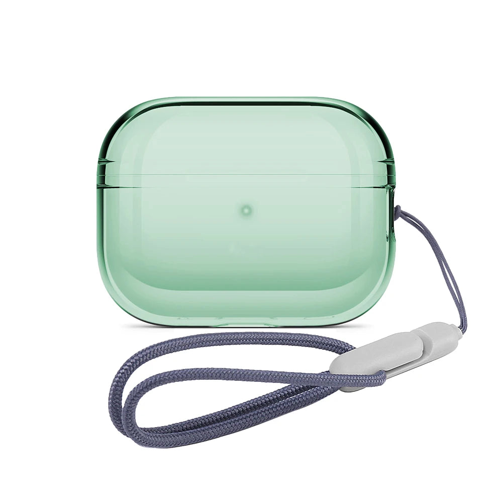 Clear AirPods case with green bumper and blue lanyard strap