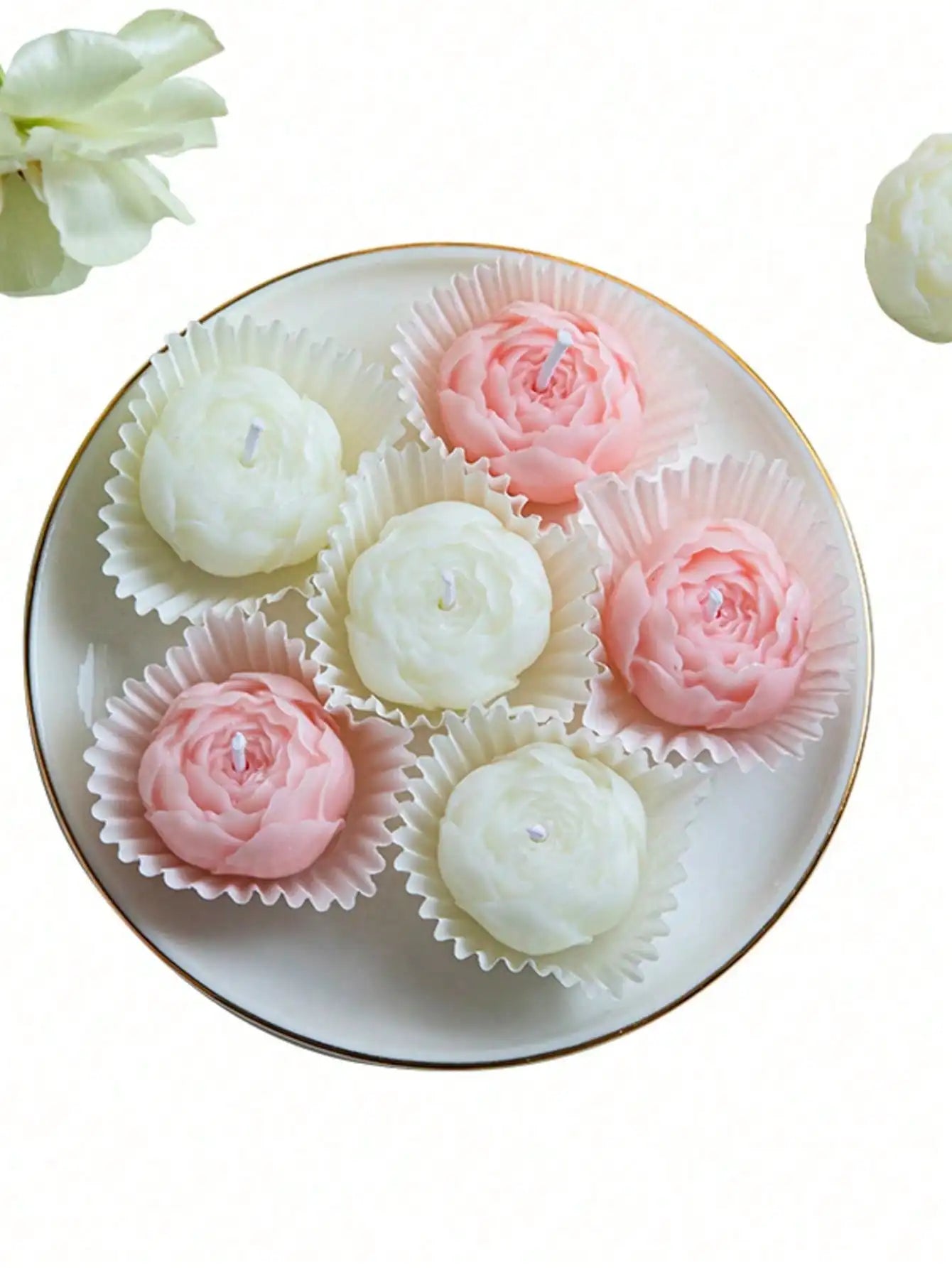 Floral candle set: ivory and pale pink rose-shaped candles on round tray