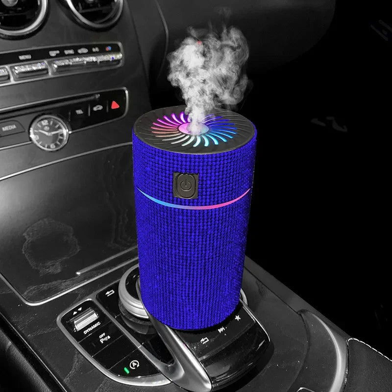 Sapphire blue glitter car aroma diffuser with multicolor top light fan and vapor