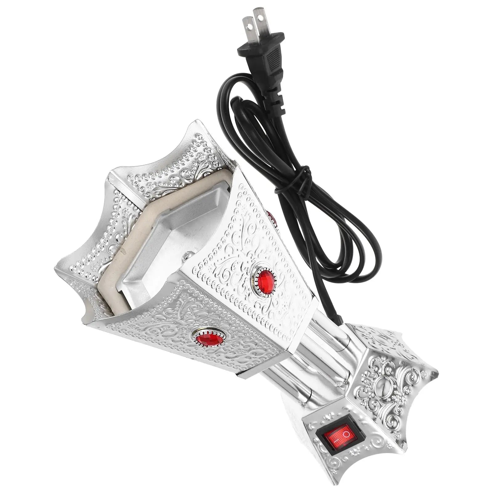 Brushed silver LED bakhoor censer with red gem inserts and black power cord