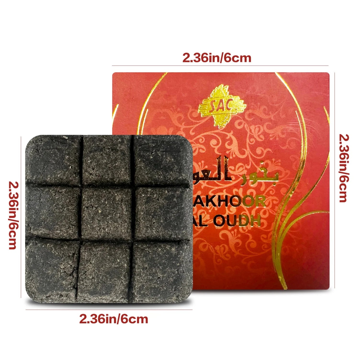 Incense fragrance bricks with dark square blocks and red Bakhoor Al Oudh box