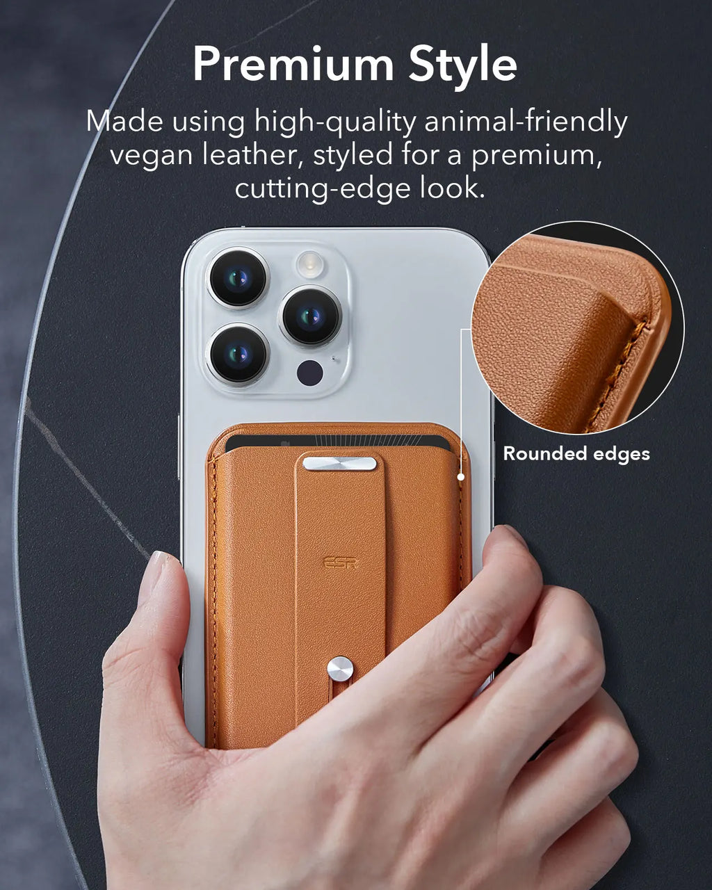Brown wallet case with rounded edges and magnetic card flap