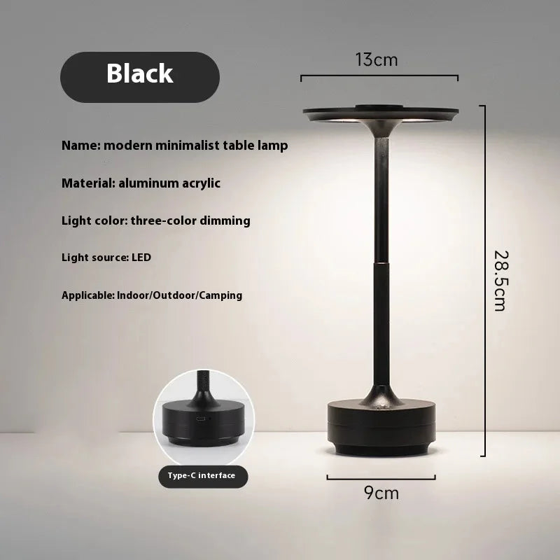 Black cordless reading lamp, lantern glass, Type‑C base, three-color dimming