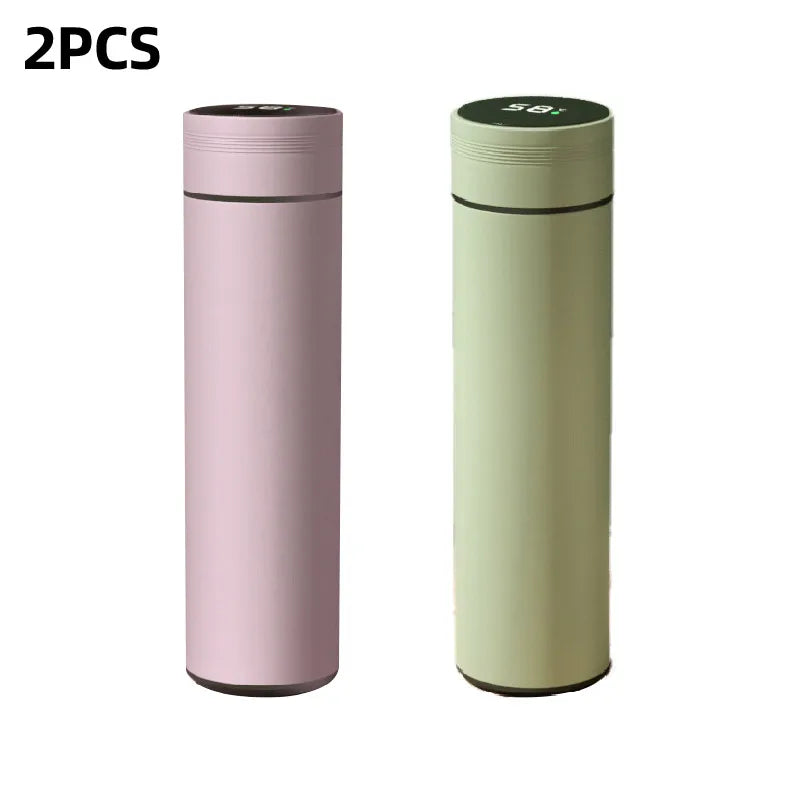 2-pack smart thermos flasks: pink and green with digital display tops