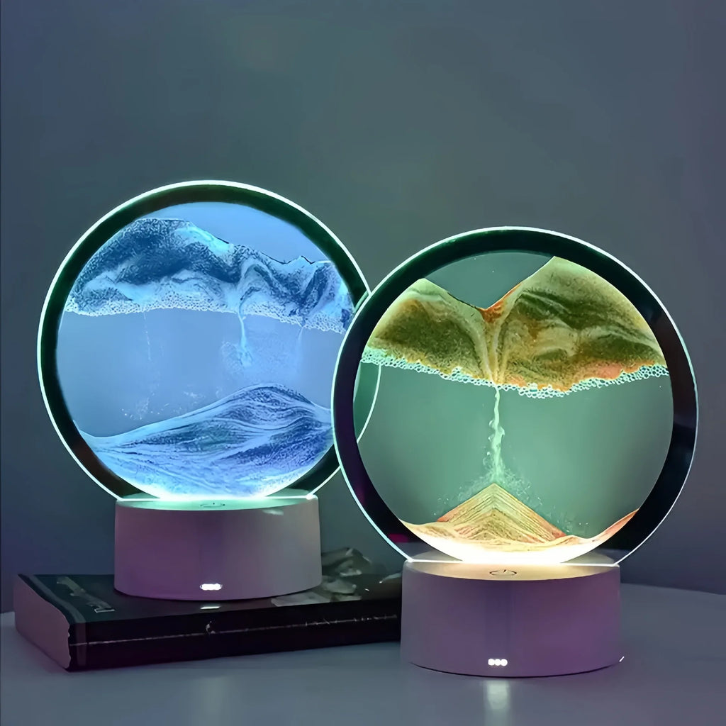 Naqsh touch sensor cordless reading lamp with white base; two lit rings show blue and gold sand waves