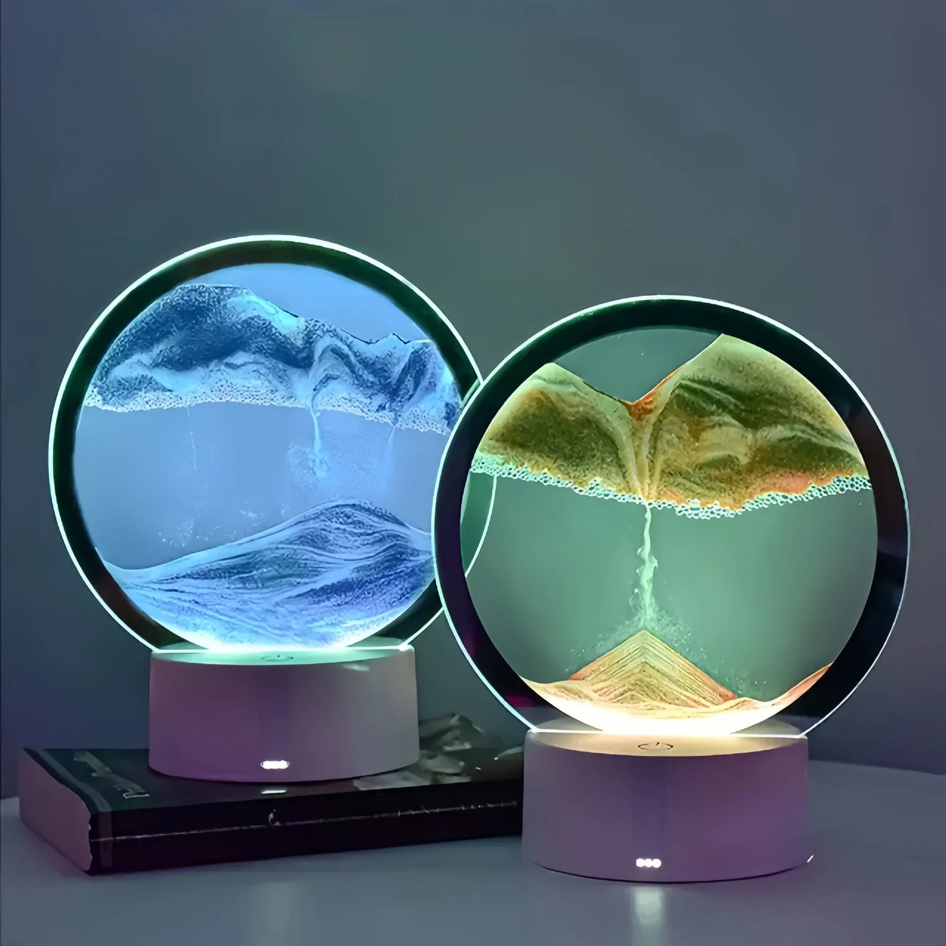 Naqsh touch sensor cordless reading lamp with white base; two lit rings show blue and gold sand waves