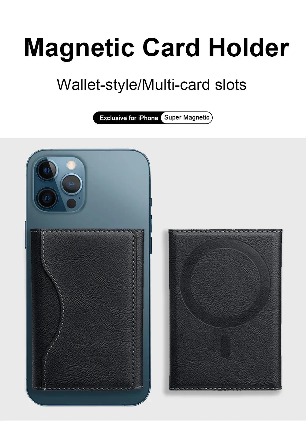 Black magnetic card holder with front card pocket and magnetic closure