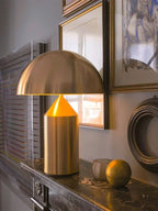 Nordic mushroom LED table lamp, champagne gold dome shade and gold cylindrical stem