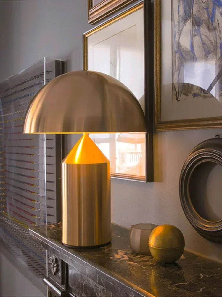 Nordic mushroom LED table lamp, champagne gold dome shade and gold cylindrical stem