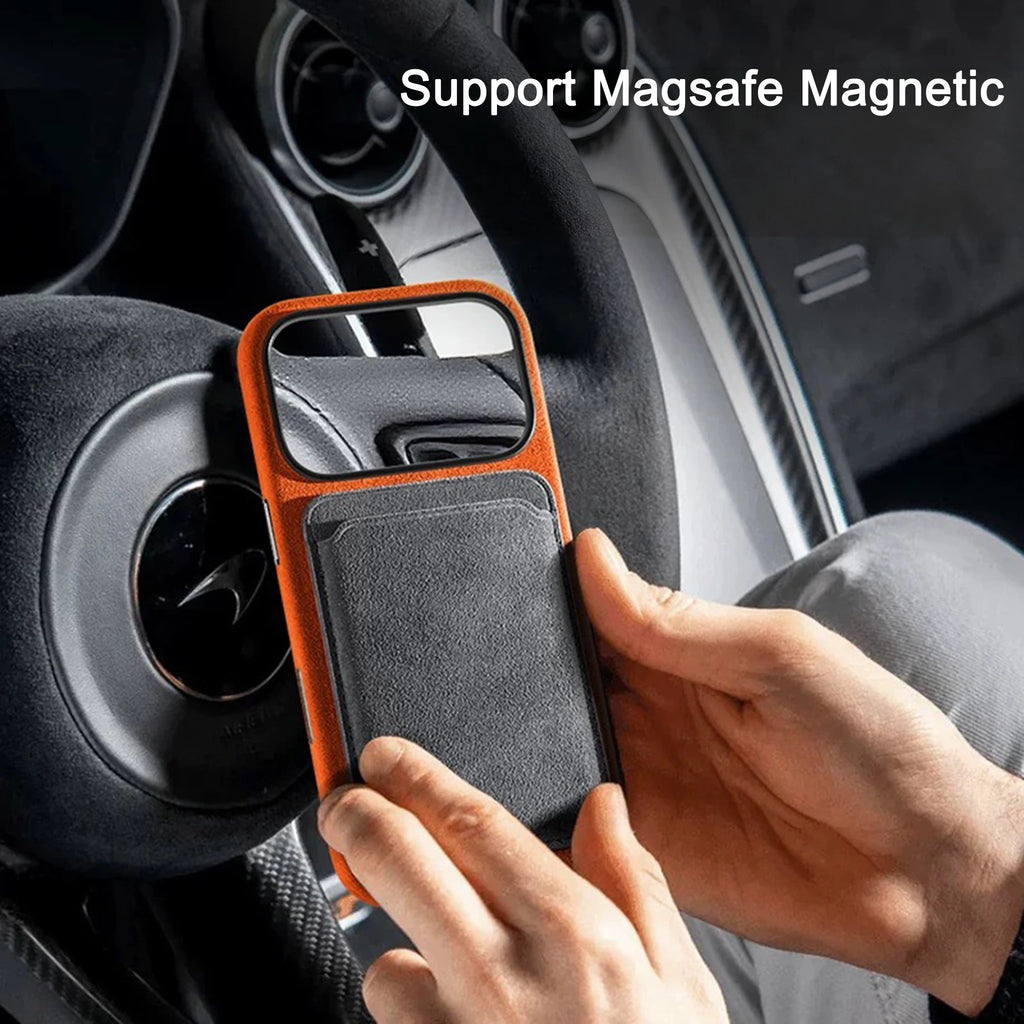 Gray Alcantara MagSafe wallet with magnetic phone holder and camera cutout, orange trim
