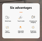Rechargeable desk lamp features card: metal base, touch mode, USB Type-C charging