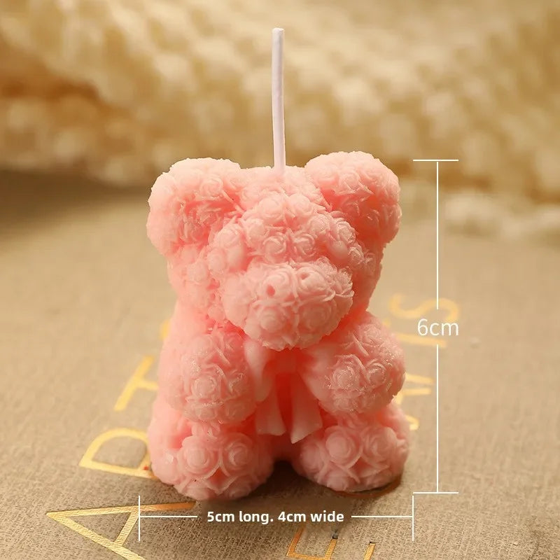 Small pink rose bear scented candle with white wick, size 6cm height