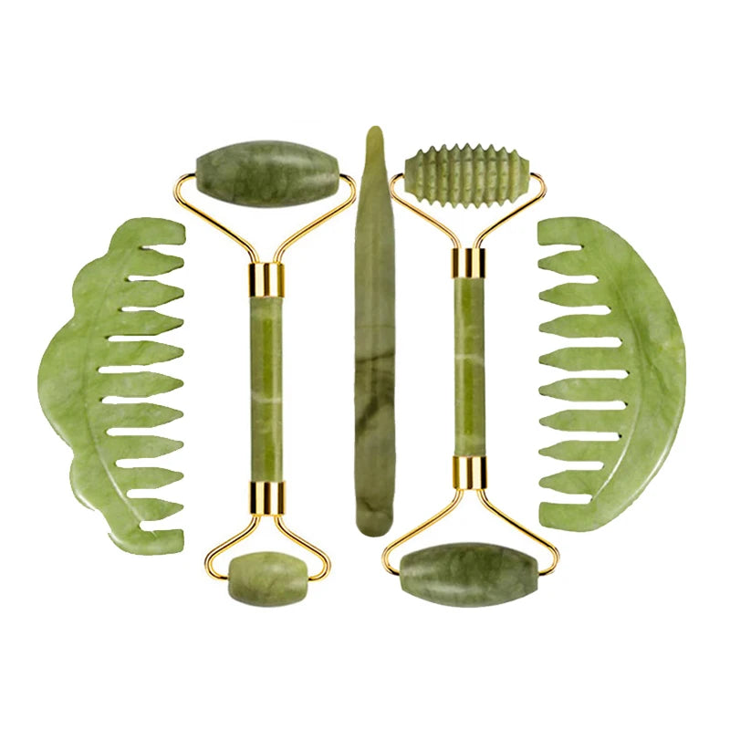 Green jade roller duo and gua sha set with gold-toned frames, textured roller attachments