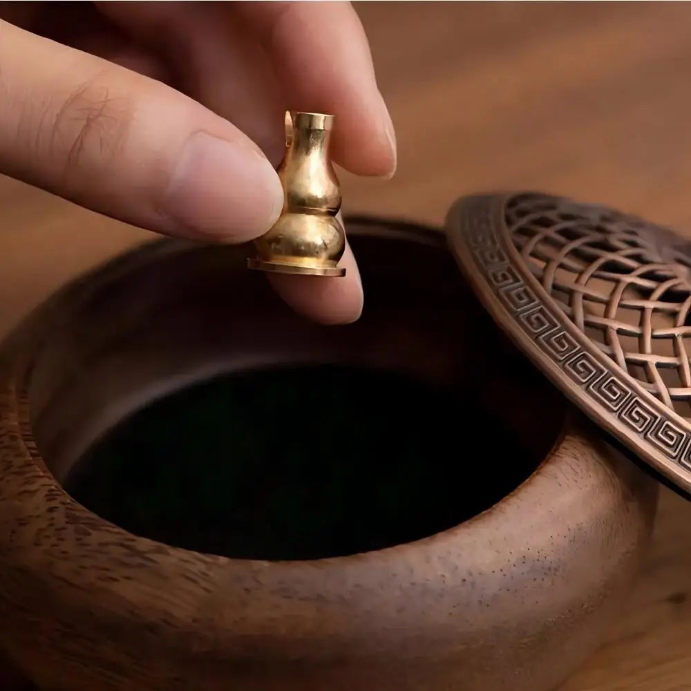 Round solid wood incense tray with metal lid and open base insert compartment