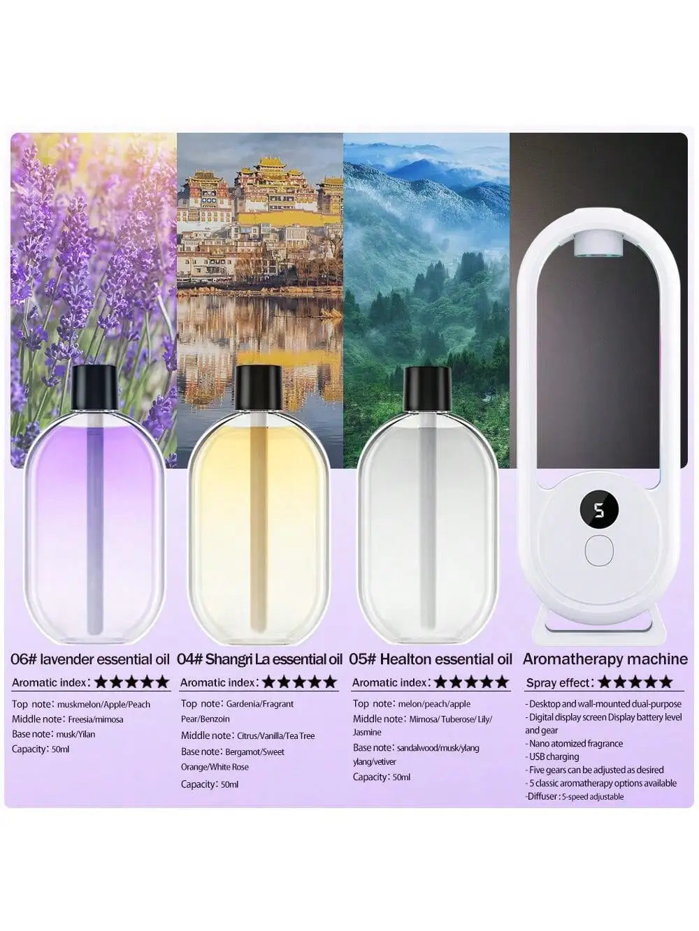 Aroma diffuser set with refill oils: lavender (purple), Shangri La (yellow), healtton (white)