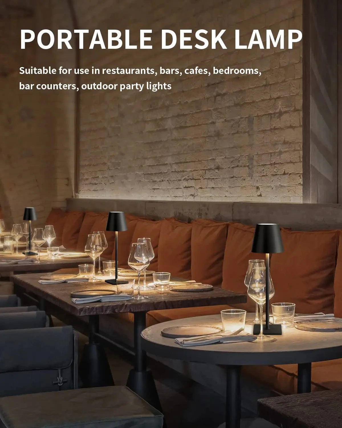 Portable LED desk lamp with dark shade, cordless design for tabletop use