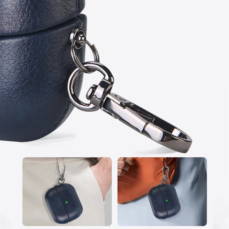 Metal keychain AirPods case in dark blue leather with keyring clip detail