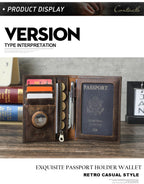 Brown leather passport wallet, open with passport window, card slots, and AirTag slot