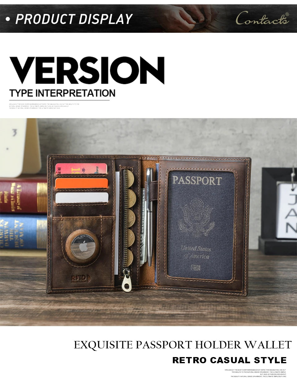 Brown leather passport wallet, open with passport window, card slots, and AirTag slot