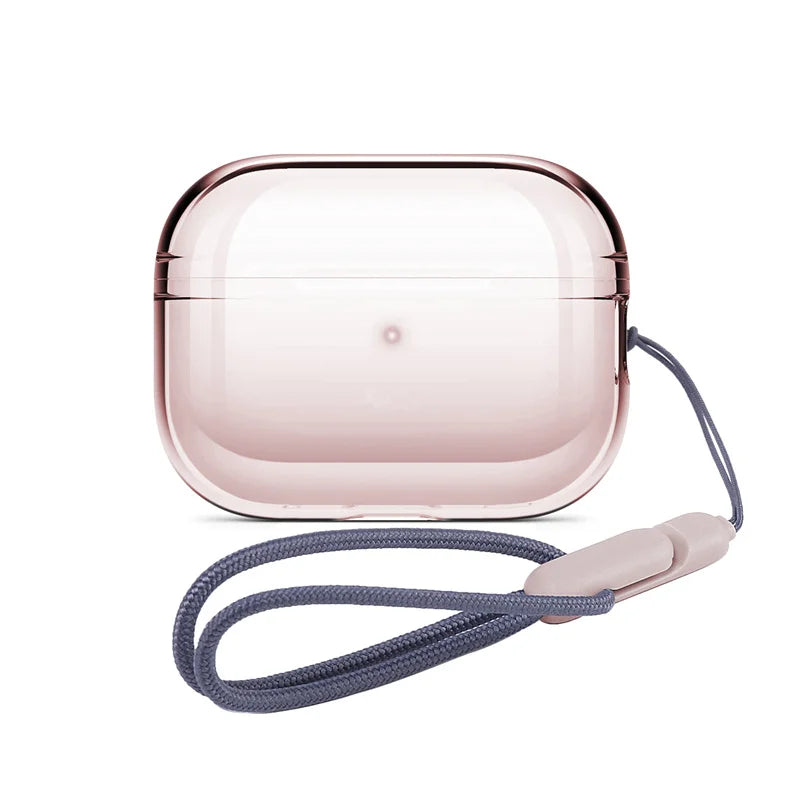 Translucent rose clear shield AirPods case with attached wrist strap