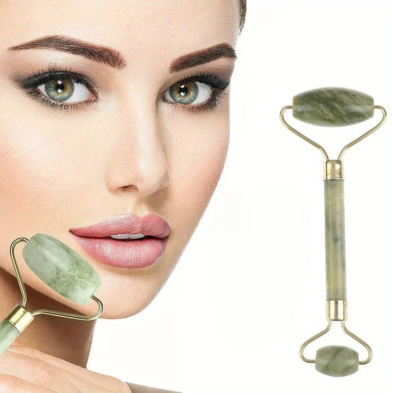 Classic Jade gua sha tool with oval ends on a gold-toned double roller frame