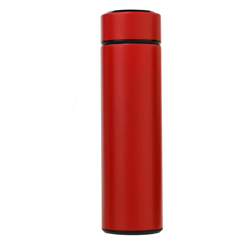Dual-wall smart thermos, red body with black lid and base ring
