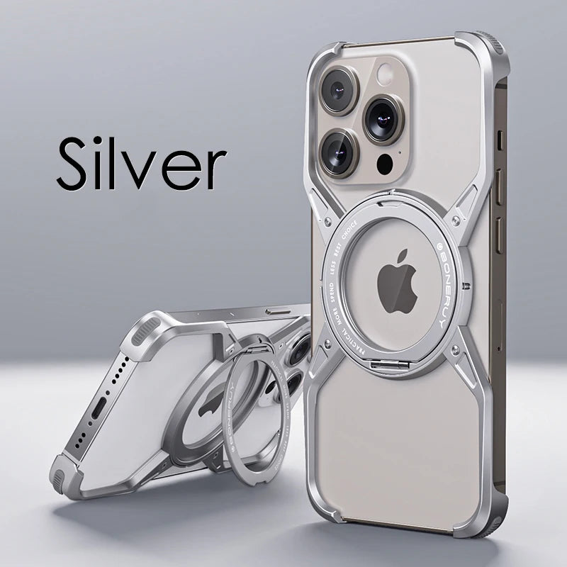Silver rimless magnetic phone case with circular magnet ring and kickstand
