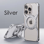 Silver rimless magnetic phone case with circular magnet ring and kickstand