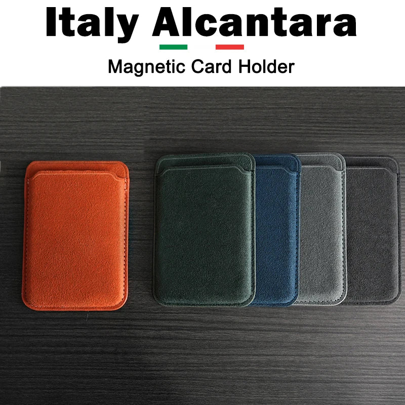 Alcantara MagSafe wallet card holder, textured fabric in multiple colors, slim rectangle