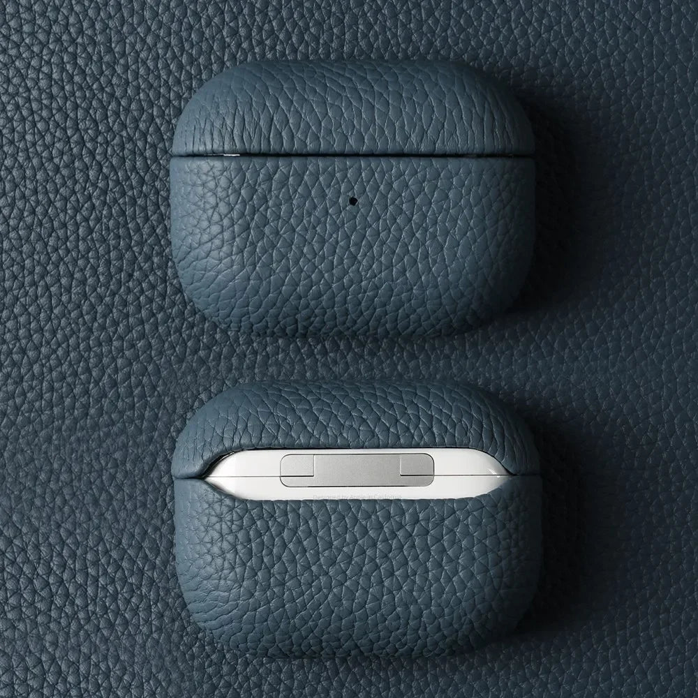 Sapphire blue handmade leather AirPods case with AirPods visible