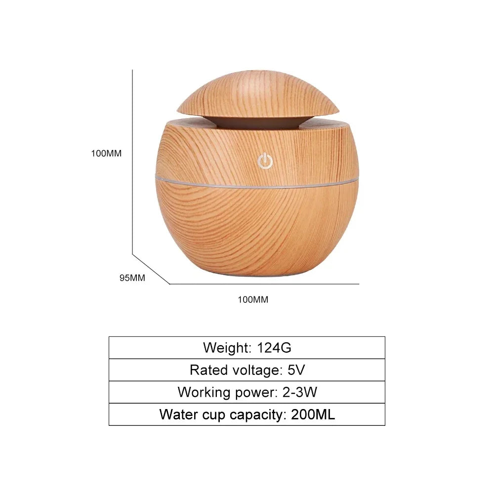 Wood-grain aroma diffuser humidifier, front view with domed lid and power button.
