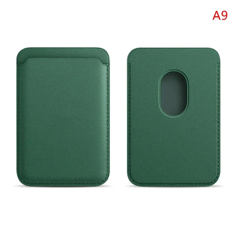 Magnetic wallet, green leather-style cover with oval magnetic contact window