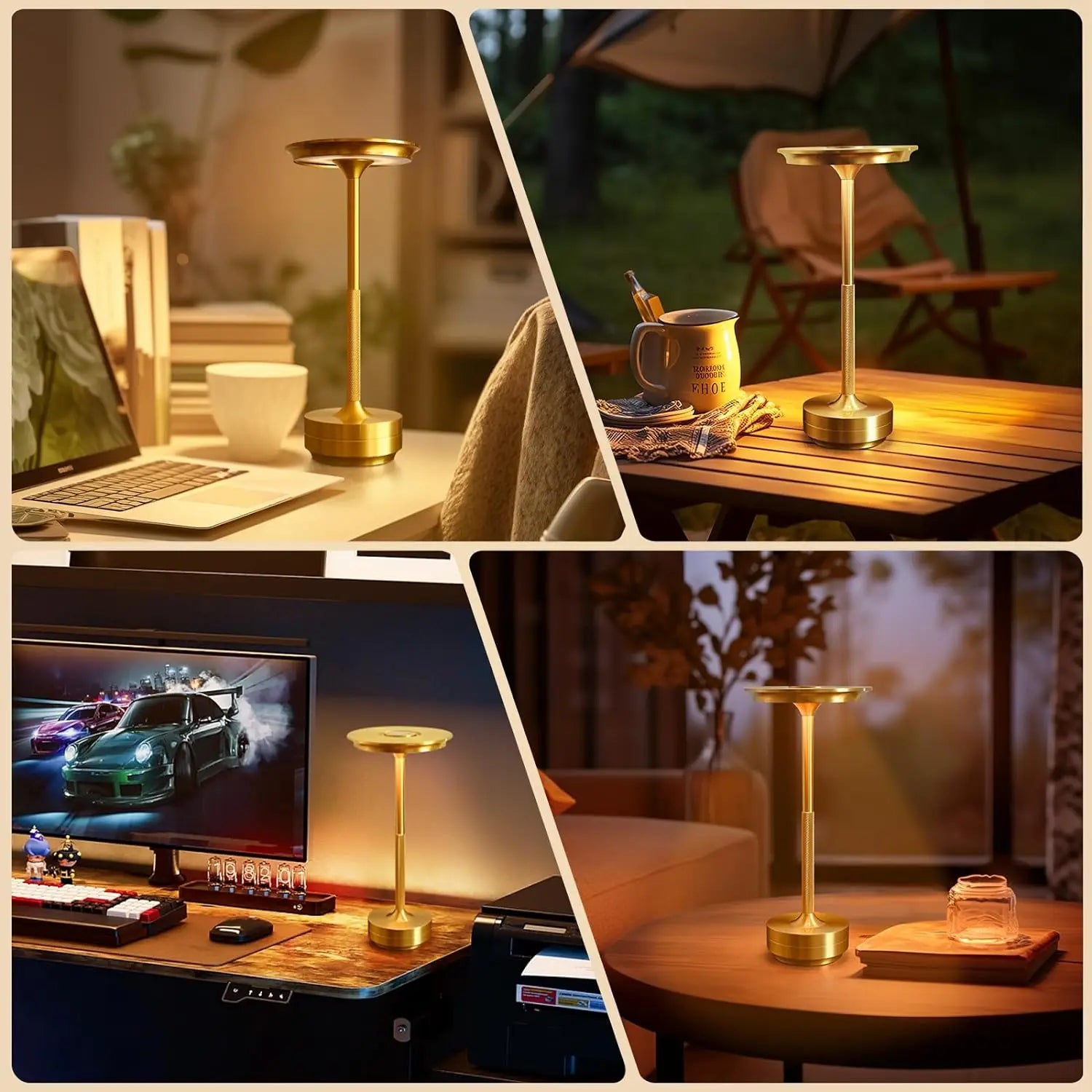 Gold cordless touch reading lamp in home and outdoor settings on tables