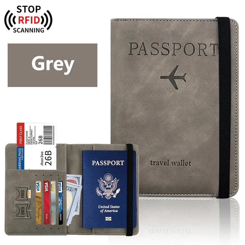 Slate grey passport wallet with elastic strap and card slots, RFID-blocking design
