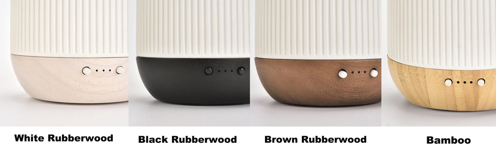 Diffuser bases in white, black, brown rubberwood and bamboo with front control holes