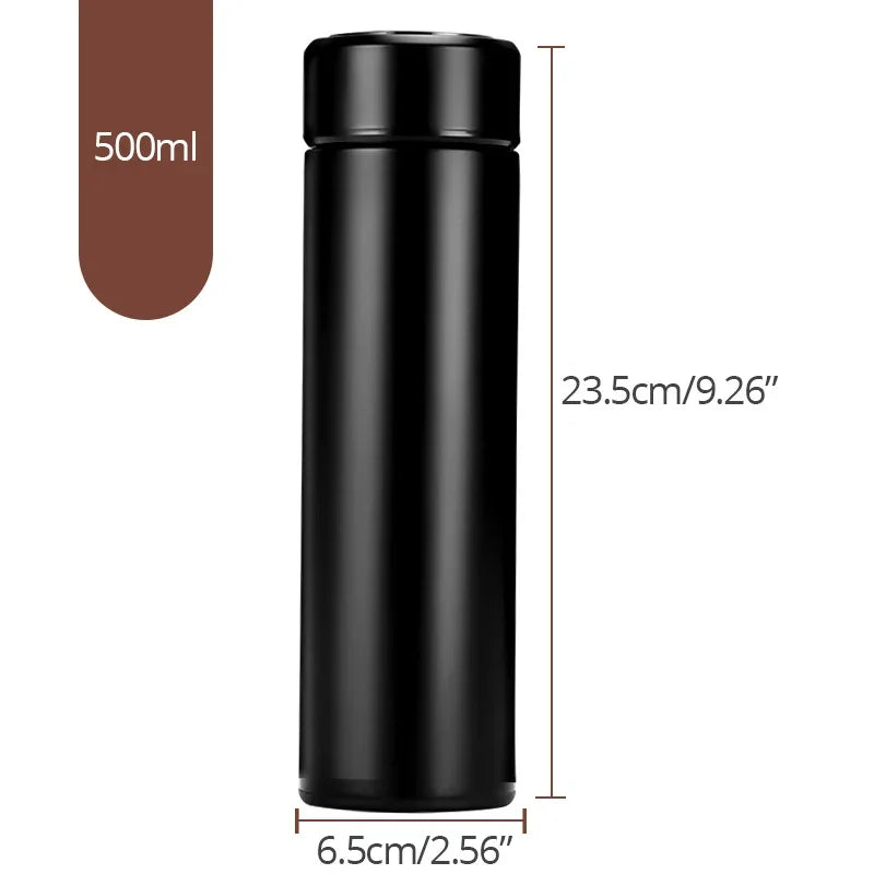 Black dual-wall smart thermos with height and diameter measurement markers